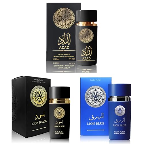 A CENTER 3Pack Men Cologne Azad,Lion Black,Lion Blue Eau De Parfume Spray with Woody Floral & Fruity Scent Perfume Gift Set Day to Night Luxury Fragrances