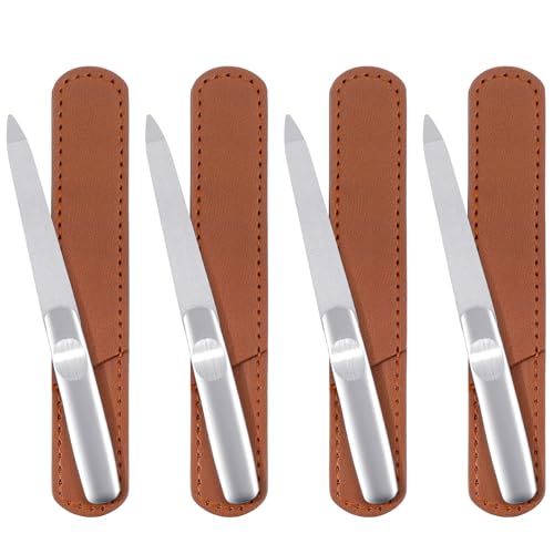 4 limas de uñas profesionales de metal de doble cara para mujeres y hombres, limas de uñas de acero inoxidable, reutilizables, para viajes en casa, con funda de piel sintética
