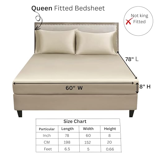 Image of RD TREND Microfiber Satin Weave Fitted Bedsheets for Queen Size Bed 78x60x10 Inch with 2 Pillow Covers-18x28 Inch | 400 TC All Around Elastic | Beige