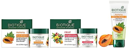 Image of Biotique Bio Papaya Exfoliating Face Wash + Bio Papaya Revitalizing Tan Removal Scrub + Bio Fruit Whitening And Depigmentation Face Pack For All Skin Types