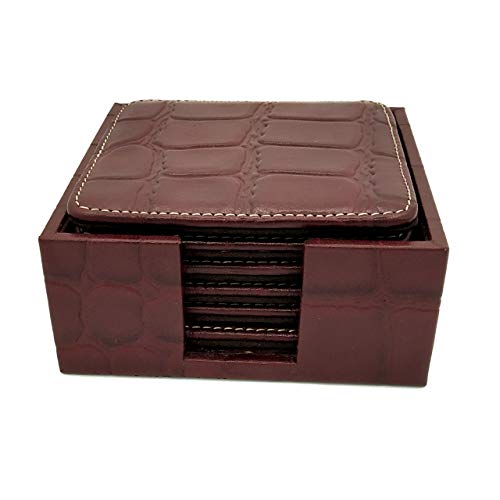 Image of Genuine Leather Square Shaped Coasters Set of 6| Heat-Resistant, Durable & Non-Slip Coasters for Home & Office I Perfect for Any Beverage (Color - Wine)