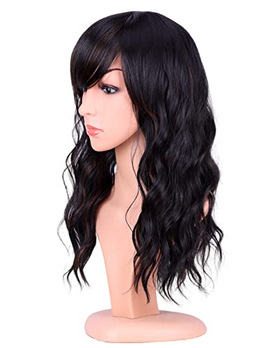 SPEEDM Medium Length Black Wavy Wigs With Bangs For Women Black Curly Wigs With Brown Highlights Daily Use Wigs For Party Cosplay 18 Inches