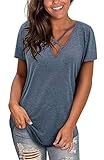 Womens Short Sleeve V Neck T Shirts Tops Summer Sexy Criss Cross T-Shirts Casual Loose Cotton Tees B