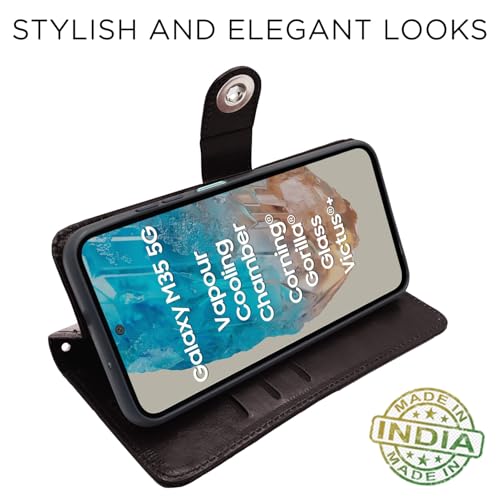Image of Pikkme Flip Cover Leather Finish | Inside TPU with Card Pockets | Wallet Stand and Shock Proof | Complete Protection Button Flip Case for Samsung Galaxy M35 5G (Coffee)