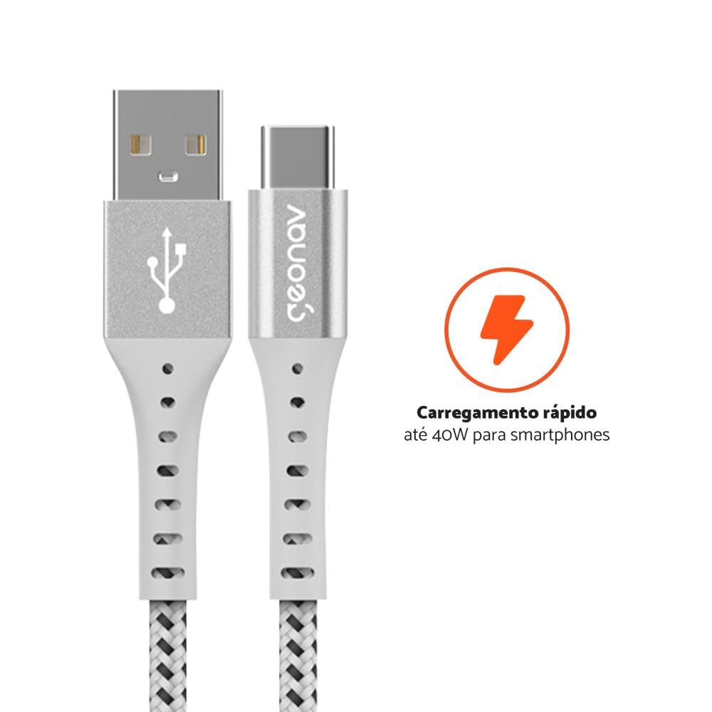 Geonav Cabo USB-A para USB-C, 1.2 metros, nylon trançado, resiste até 10 mil dobras, carregamento rápido (até 40 W) e tranferência de dados (480 Mbps), ESC05WT, branco