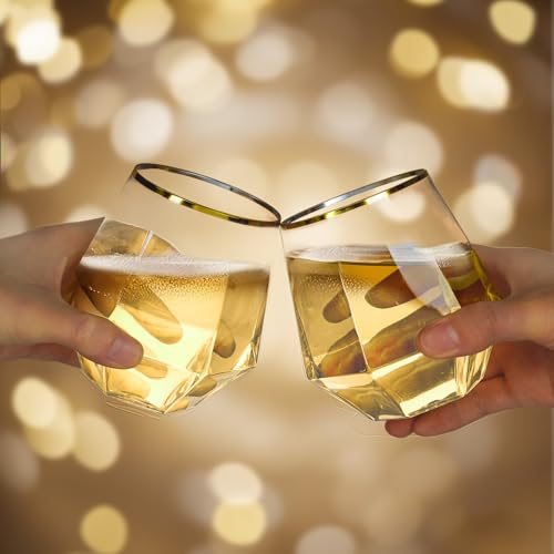 Image of Goodluck 80PCS 12oz Diamond Stemless Plastic Wine Whiskey Glasses,Gold Rim
