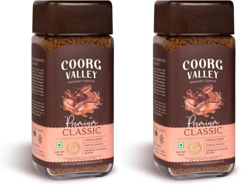 Image of Coorg Valley Premium Classic Instant Coffee 50g | 100% Pure Coffee | Freeze Dried | Bold & Strong Flavor (Pack of 2)