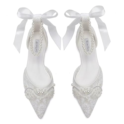 Image of Pearl Wedding Shoes for Bride Flat Lace Bride Shoes Pointed Toe Bridal Flats