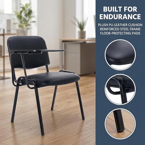 Image of HNY Black Tablet Arm Chairs Set of 15, PU Comfort Office Waiting Room Guest Nesting Stacking Chairs, Reception Chair with Flip-Up Table Conference Chair for School Classroom Training Meeting Room