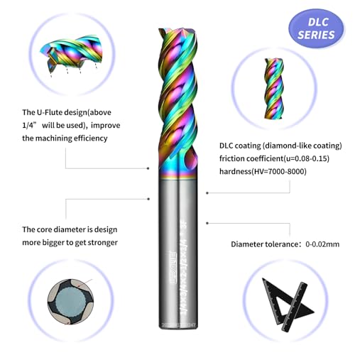 Image of Tools 1 /4 inch Extra Long Carbide Square End Mill for Aluminum, Copper Alloy, Plastic, 2.5 inch Overall Length End Mill Bits, 3 Flute HRC 62 Deg DLC Coating, CNC Router Bits 1 /4 Shank (1 /4-2.5 inch 2PCS)