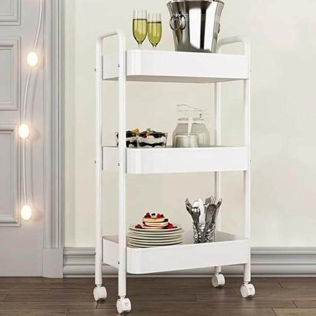 16.9¡° * 30.9¡± Multi-Tier Floor Trolley Shelf with Wheels Movable Kitchen Bathroom Living Room Organizer Shelf for Easy Storage Strong Load Bearing Capacity-IFBuJtsd