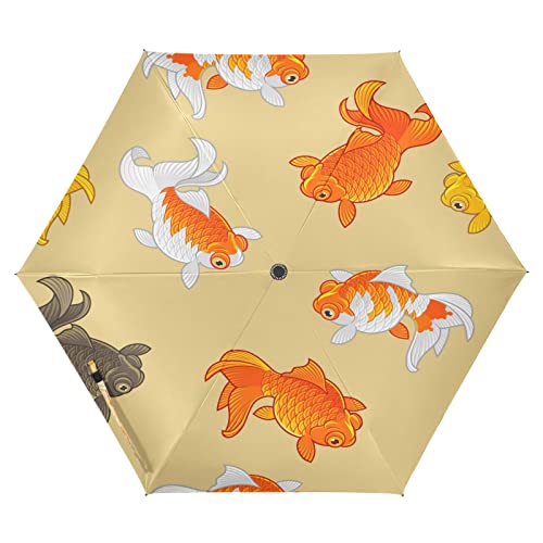 Goldener Chinesischer Fisch Auf-Zu Automatik Schirme Regenschirm Taschenschirm Kompakt UV-Schutz Reise Schirm für Jungen Mädchen Strand Frauen Cover