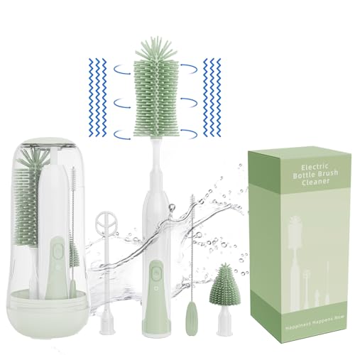 Image of COZY ROCK Electric Bottle Brush Cleaner, Silicone Bottle Brush, Rechargeable Electric Baby Bottle Brush, 2 Modes & 360° Rotation, Bottle Cleaning Set for Travel, Green