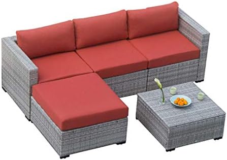 Auro Outdoor Furniture 5-Piece Sectional Sofa Set All-Weather Gray Wicker with Water Resistant Olefin Cushions for Patio Backyard Porch Pool | Incl. Waterproof Cover&Clips (Orange)