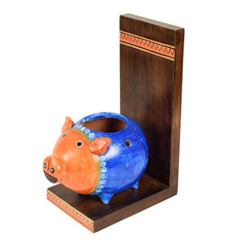 Image of AAKRITI ART CREATIONS Piggy Wall Decor Shelf with Earthen Planter | Handmade Wooden Wall Hanging Shelf with Terracotta Planter | Matte Finish Decorative Wall Art for Living Room, Balcony & Gifting