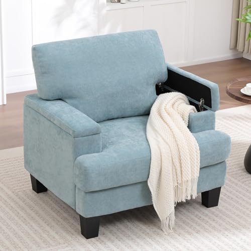Image of Accent Chair with Storage Armrest, Modern Upholstered Reading Living Room Chairs, Comfy Large Armchair, Fabric Single Sofa Chair for Bedroom (Green)