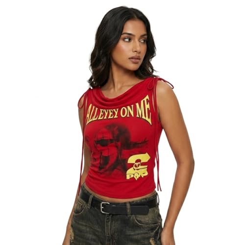 Image of ICW Women's Graphic Print Ruched Side-Tie with Bra Pads Off-Shoulder Vintage Streetwear Sleeveless Cami Crop Top Dn5152