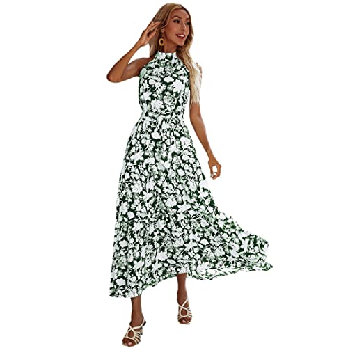 Robe maxi bohème imprimé floral pour femme avec col ceinture lacets sans manches EN8 S