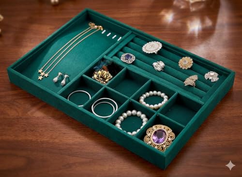 Image of MultiPurpose Tray Velvet Jewelry Drawer Organizer For Ring, Necklace,Chain, Earring & Jeweller Organizer Etc (Green)