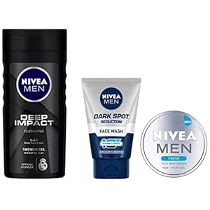 NIVEA MEN Face Wash, Dark Spot Reduction,100 g and NIVEA MEN Fresh Face Moisturizer Gel, 75 ml & NIVEA Men Body Wash, Deep Impact, 3 in 1 Shower Gel for Body, Face & Hair, with Microfine Clay, 250 ml