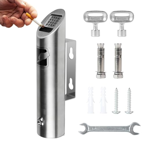 CPROSP 1 Pcs Cendrier Mural Extérieur en Acier Inoxydable 28,5*6,5 cm, Cendrier Mural Tubulaire en Acier avec Couvercle et Serrure, Convient aux Jardins, Balcon, Villas Anti-Odeur avec Clé de Serrage