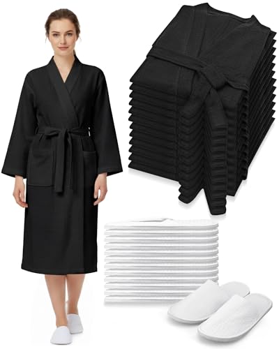 Jecery 12 Sets Spa Robe and Slippers Set Bulk Waffle Light, M, Black White