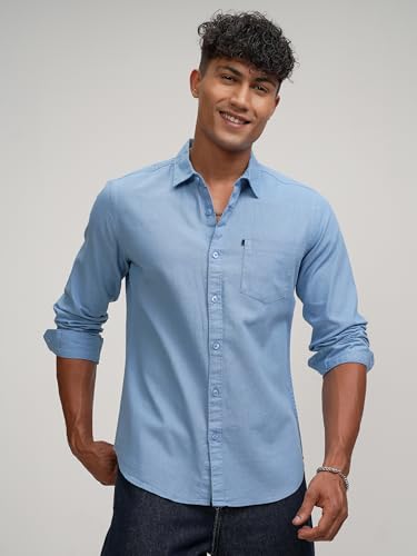 Image of Highlander Men's Blue Solid Slim Fit Casual Shirt | Sleek & Versatile | A Timeless Wardrobe Essential