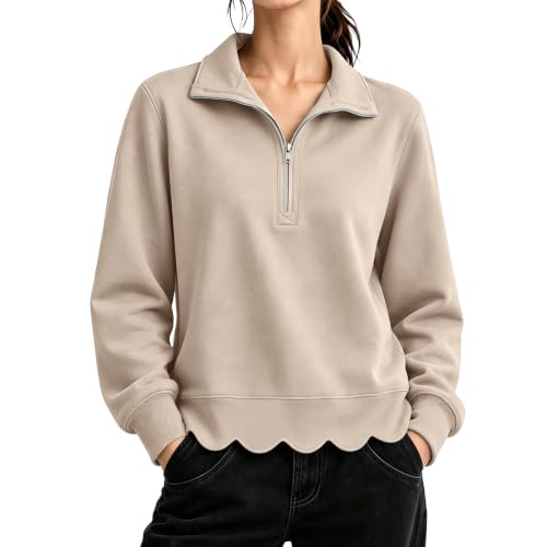 Quarter Zip Pullover Women 1/4 Zip Scalloped Comfy Pullover Sweatshirt - image 2