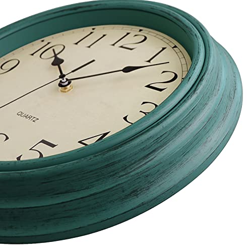 Image of Foxtop Retro Silent Non-Ticking Round Classic Clock 12 Inch Quartz Decorative Battery Operated Wall Clock for Living Room Kitchen Home Office (Turquoise)