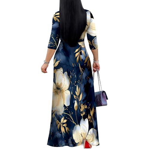 Image of PinkPatty Plus Size Maxi Dress for Women Casual V Neck 3 /4 Sleeve Boho Printed Long Dress with Pockets