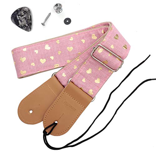 Longteam Simple Linen Leather Guitar Strap Adjustable Length Durable Electric Guitar Bass Straps With Nail, Rope, Picks (Pink Heart) #TOP10