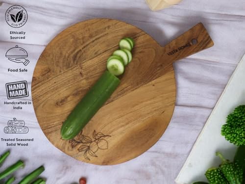 Image of Vesta Homes Wooden Round Chopping Board /Cutting Board /Serving Board, Plate for Pizza, Vegetables, Fruits and Cheese | Natural Acacia Wood | 44 x 33 x 1.5 cm | Handcrafted | Made in India