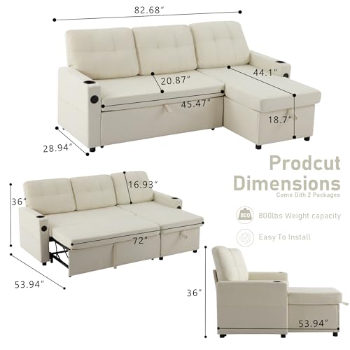 Image of 82 inch Pull Out Sofa Bed,L-Shape Modern Sleeper Sofa, Upholstered Sectional Couch with USB Port and Side Pockets for Living Room and Guest Room (Beige)