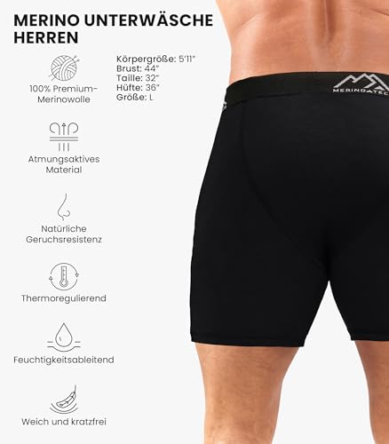 Merino.tech 100% Merino Unterwäsche Herren - Boxershorts Herren Merinowolle, Geruchsfrei Und Feuchtigkeitsableitend (Large, 1 Pack - 190 Schwarze Kohle)