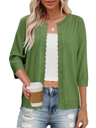 Image of KISSMODA Womens Casual Cardigans 3/4 Sleeve Crew Neck Button Down Knit Jumpers Scalloped Shrugs Cardigan Lightweight Trendy Basic Sweater Green