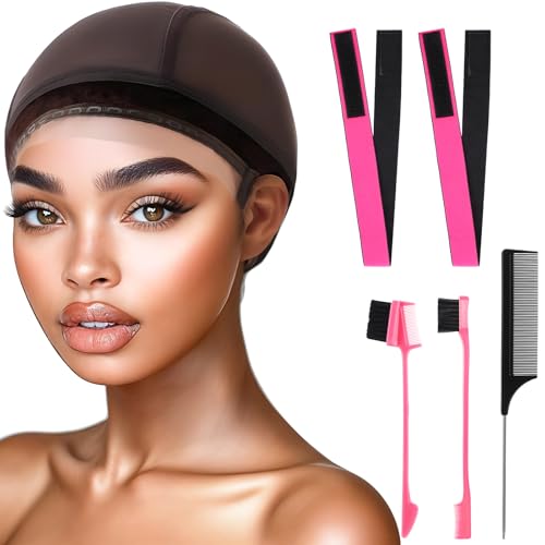 obeoby Adjustable Wig Cap with Grip Band, Brown Wig Cap for Keeping Wigs In Place Lace Front Wig Cap Non-Slip Wig Grip