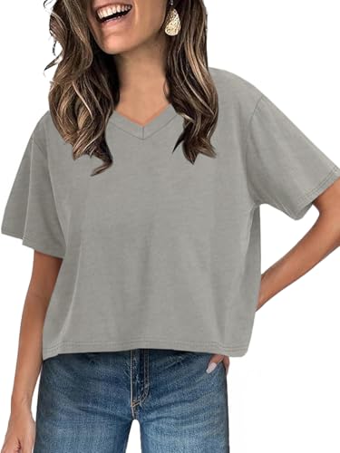 UNCLECAT Women Cropped T Shirts Casual Short Sleeve V Neck Crop Tops 2026 Summer Soft Loose Basic Tee Grey
