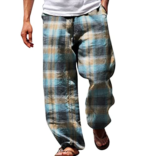 MaNMaNing Pantalones Informales Sueltos cómodos con Aislamiento térmico Transpirable elástico de Doble Bolsillo de Gasa con Estampado de Cuadros clásicos para Hombre (Orange, XL) Cover