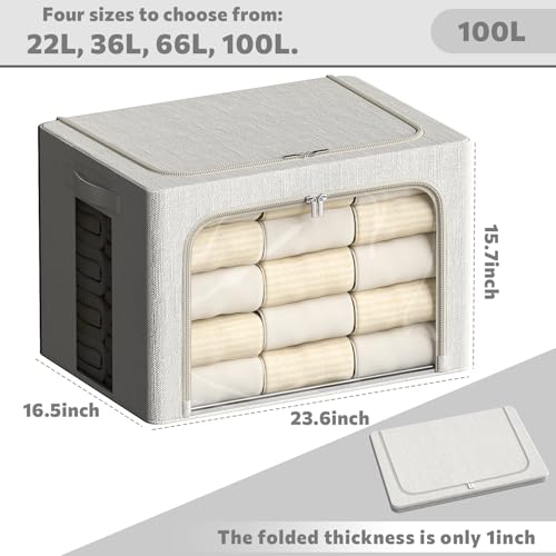 Image of FHSQX 2 Pack Clear Window Storage Bins Large Stackable Linen Fabric Storage for Clothes Foldable Container Organizer Set with Carrying Handles (Lvory White, 23.6x 16.5x 15.7 Inch)