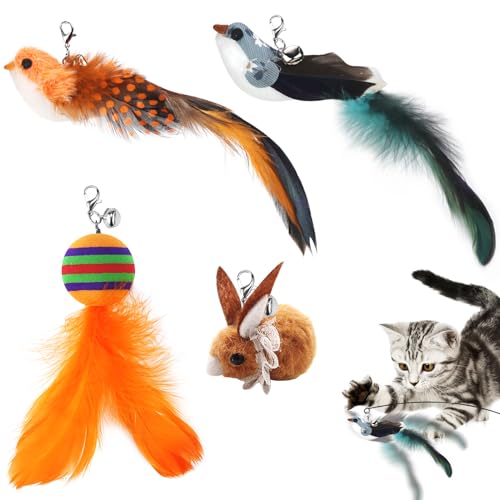 Interaktives Katzenspielzeug Vogel mit Federn Katzenangel Ersatzfedern 4 Stück Katzen Spielzeug Interaktiv Ersatz mit Glöckchen und Feder Interactive Cat Toys Federspielzeug für Kleine Große Katzen