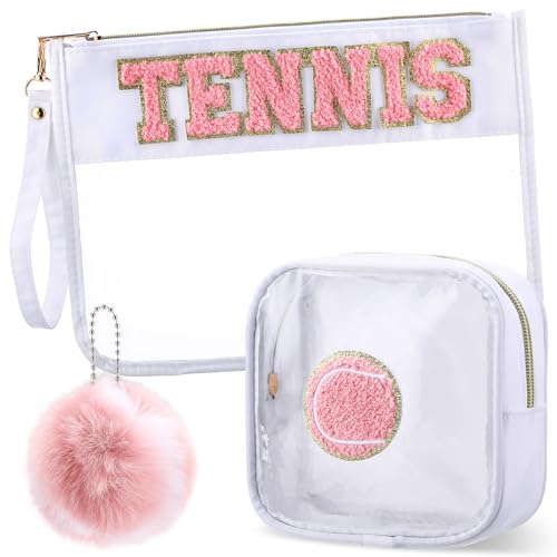 Sunnymove 3 Pcs Tennis Gifts Makeup Cosmetic Bag with Chenille Letter Patch Clear Toiletry Pouch Waterproof PVC Organizer Purse with Fluffy Tennis Ball Keychain Accessories for Women(Pink)