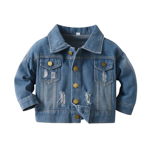 JiAmy Boys Girls Denim Jacket, Kids Ripped Jean Jacket Toddler Lapel Casual Dark Blue for 8-9 Years