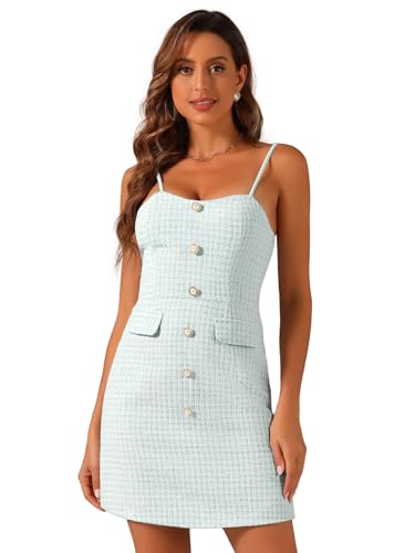 Image of Allegra K Plaid Dress for Women's Button Decor Spaghetti Strap Tweed Dresses