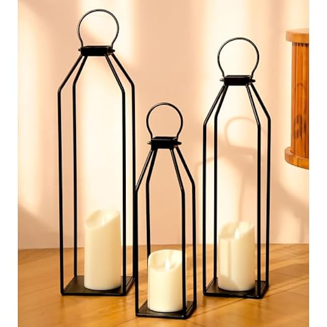 Perfnique Modern Farmhouse Lanterns, Set of 3 Black Metal Lanterns w/ 6hr Timer Flickering Flameless Candles, Decorative for Outdoor Decor, Front Porch, Indoor, Patio, Garden, Fireplace, Christmas