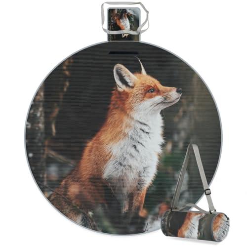 Shimoshe Forest Fox Picnic Outdoor Blanket Foldable Waterproof Sandproof Beach Blanket Portable Water-Resistant Animal Fox Round Picnic Mat for Travel Camping Park Lawn