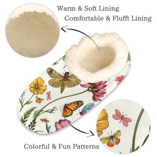 Vintage Spring Flower Dragonfly Butterfly Slippers for Women Slipper Socks Soft Fuzzy House Slippers Shoes for Indoor Bedroom, Winter Cozy Christmas Gifts2