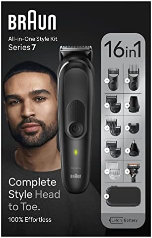 Braun All-In-One Series 7 MGK7470, 16 w 1, Codzienna pielęgnacja dla mężczyzn, przycianie brody i włosów, golenie, usuwanie włosów z uszu i nosa i nie tylko, baza ładująca i Etui, wodoodporny