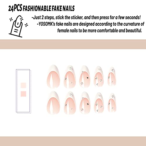 Yosomk French Tip Press On Nails Medium Lendth Nude Almond Fake Nails With Rhinestones Designs Glossy Stick On Nails Full Cover Acrylic False Nails For Women #TOP3