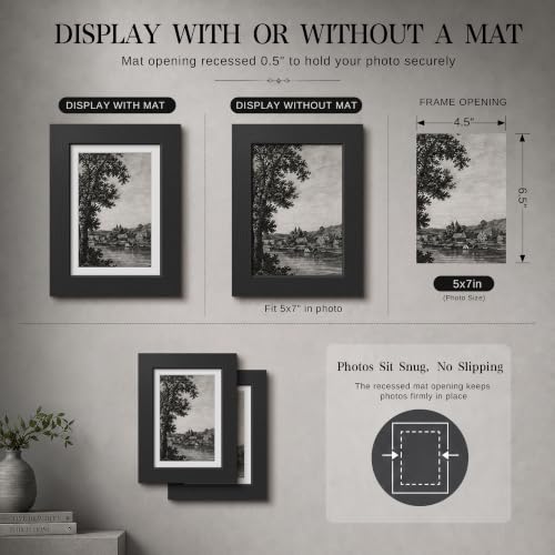 Image of VCK 5x7 Picture Frame with Real Glass, Black Wood Frame, 4x6 Mat, 2 Pack