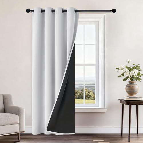 Image of Yakamok Greyish White Blackout Curtains 84 Inches Long 52 inch Wide, 1 Panel | Blackout Curtain Panels for Bedroom, 2 Thick Layers Grommet Top Thermal Insulated Drapes with Black Liner for Living Room